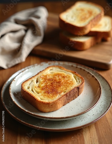 Slice of toasted bread with golden brown crust served on a rustic plate. Bread is slightly caramelized with sugar. Wooden table backdrop with folded cloth and stacked toast.