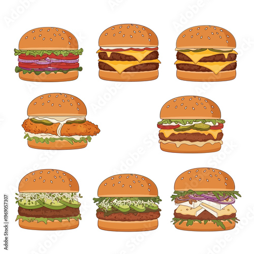 A delightful assortment of gourmet burgers, freshly prepared with diverse ingredients and toppings