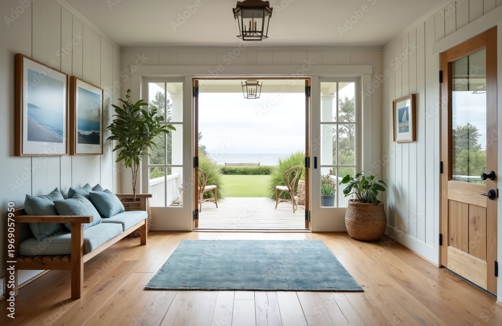 Fototapeta premium Open doors reveal ocean view from bright beach house entry. Light wood floors, blue rug, sofa, and plants create calm, airy feel. Farmhouse style entryway with coastal decor.