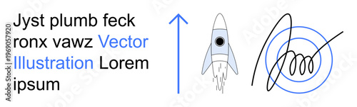 Innovation, technology advancement, goal setting, creative thinking, growth, exploration. Rocket launching with an arrow and abstract scribbles. Innovation and technology advancement concept