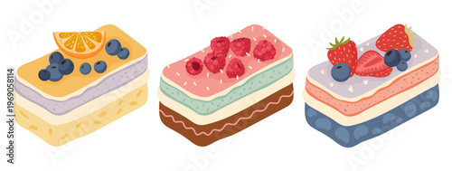 Collection of layered dessert cakes topped with berries and fruits in minimal flat style. Perfect for bakery design, menus, packaging, and food illustrations