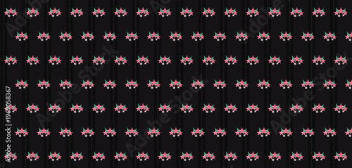 Seamless floral pattern with pink spiky star flowers, green leaves, and white blossoms on dark grey striped background, decorative vector illustration