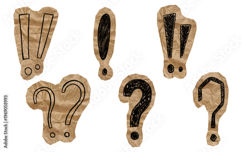 Hand-drawn exclamation and question mark set on torn kraft paper cutouts for scrapbooking. Collection of doodle punctuation stickers. DIY zine elements on transparent background