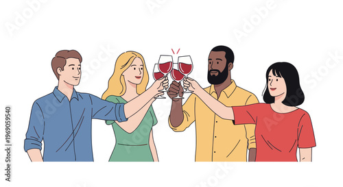 Diverse friends celebrating with red wine toast, happy gathering, isolated on white background