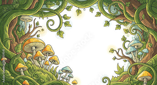 Enchanted Forest Frame with Mushrooms and Vines - Whimsical Nature Background