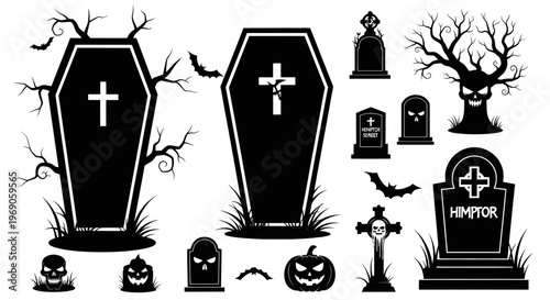 Halloween Cemetery Icons: Coffins, Gravestones, Spooky Tree, Bats, Pumpkin