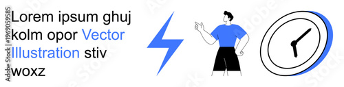 Time management, productivity, energy, efficiency, focus, task prioritization. A person gestures toward a clock and lightning bolt icon. Time management and productivity concepts visually