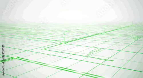 Green digital grid network on white background, futuristic technology concept