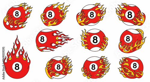 Red Pool Balls with Flaming Flames, Number 8, Billiards Game Elements