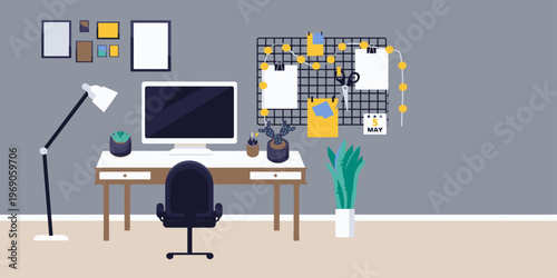 Illustration of a modern home office setup with a desk, chair, computer, and decor against a gray wall with a bulletin board.