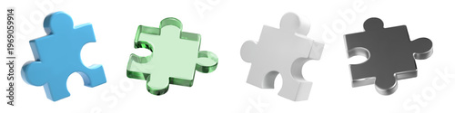3D puzzle pieces set. Jigsaw icons isolated on white bg. Business team solves problem. Glass, metal and plastic parts connect. Abstract strategy to join partner task. Isometric creative idea build.