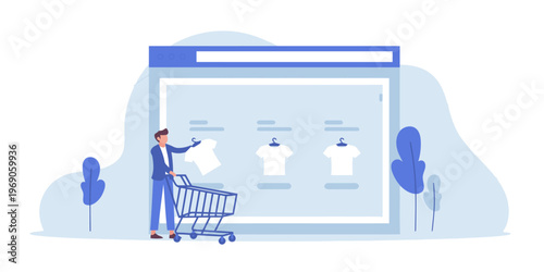 Illustration of a man shopping online with a cart and pointing at a product on a large computer screen with blue and white tones in a minimalistic setting.