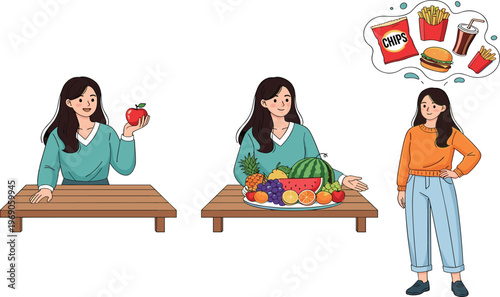 Healthy Food Choices and Nutrition Concept Featuring Young Woman with Fresh Fruit Platter Comparing Organic Diet with Junk Food Cravings Thinking Cloud Vector