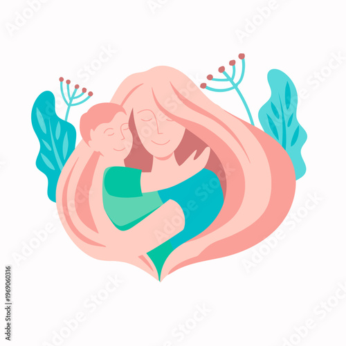 Illustration of a woman embracing a child with long hair, surrounded by stylized flowers and leaves on a white background.