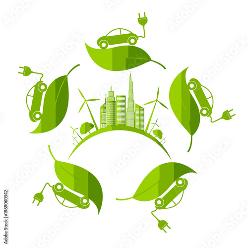Green eco-friendly cityscape illustration with electric cars, wind turbines, and leaves on a white background, conveying a sustainable and environmentally conscious theme.
