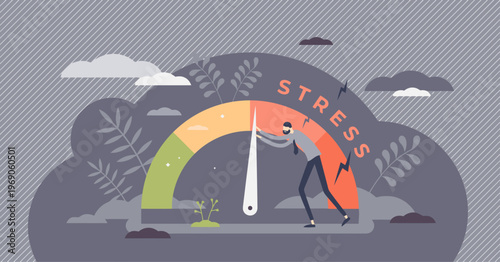 Illustration of a person pushing a stress meter gauge with a worried expression in a gray cloudy environment.