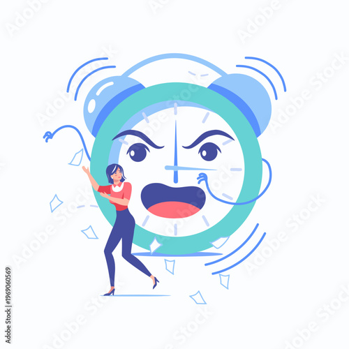 Illustration of a stressed woman running away from a giant clock with a worried expression and motion lines on a white background.