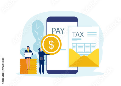 Flat illustration of a businessman and woman with a smartphone displaying 'PAY TAX' on the screen, surrounded by a coin, stack of money, and documents in an envelope on a light blue
