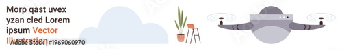Technology, delivery services, home decor, modern design, outdoor equipment, conceptual . A quadcopter with propellers, potted plant chair and cloud on white. Technology and delivery services