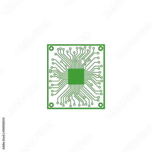 Abstract green microchip on a circuit board, embodying advanced computing, digital electronics, and technological innovation