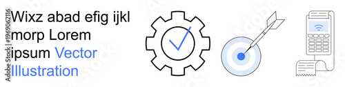 Business strategy, productivity, goal achievement, financial transactions, technology, operational efficiency. Gear with check mark, target with arrow payment terminal icon. Business strategy