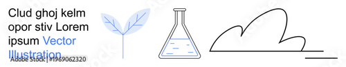 Sustainability, science, ecology, environmental research, innovation, climate change. Minimal line art of a leaf, lab flask and a cloud. Sustainability and science concept