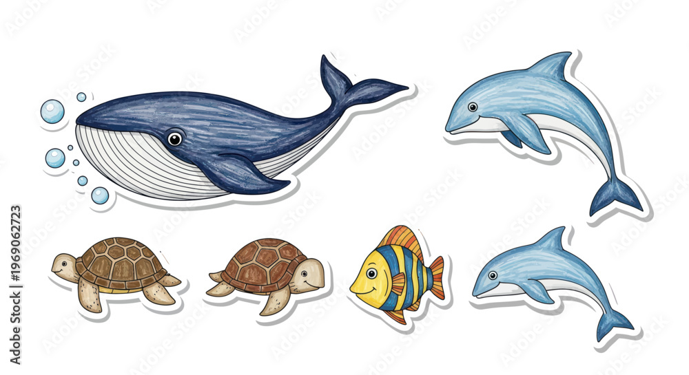 Obraz premium Cute Cartoon Sea Creatures Collection: Whale, Dolphin, Turtle, Fish