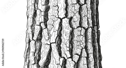 Detailed Black and White Illustration of Rough Tree Bark Texture