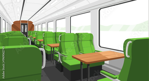 Empty Train Interior with Green Seats and Tables, Traveling Scenic Route
