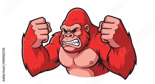 Furious Red Gorilla Flexing Muscles, Aggressive Primate Illustration