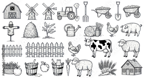 Farm Icons Set: Barn, Tractor, Animals, Windmill, Tools, Produce, Fence, Scarecrow