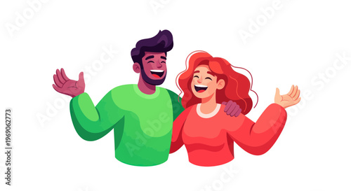 Happy Diverse Couple Laughing Together with Arms Wide Open, Joyful Expression