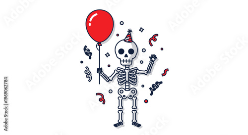 Happy Skeleton Celebrating Birthday Party with Balloon and Confetti
