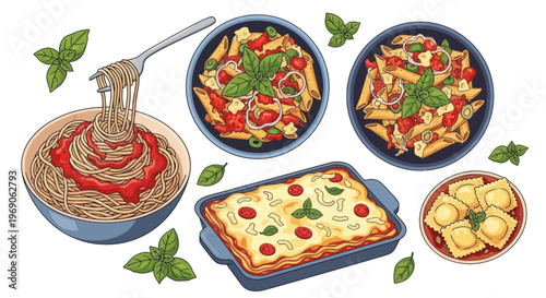 Italian Pasta Dishes: Spaghetti, Penne, Lasagna, Ravioli with Basil and Tomatoes