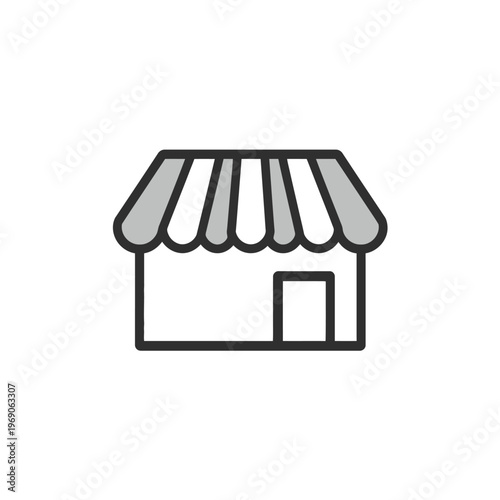 A simple shopfront icon, perfect for various business and retail applications. Depicting a storefront with a striped awning and a closed door