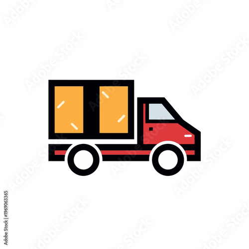 A cartoon-style truck carrying a package, ready for delivery. The vehicle is simple with bright colors. 