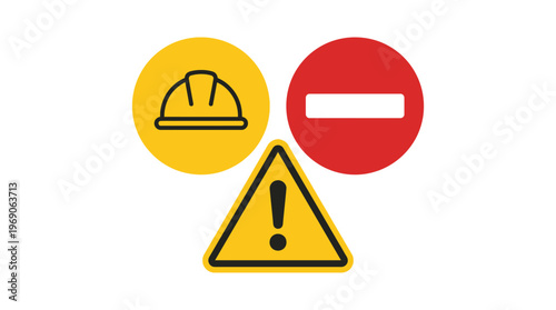 Construction Safety Icons Set with Hard Hat Warning Triangle and No Entry Sign