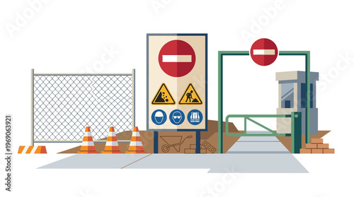 Construction Site Entrance with Warning Signs and Security Booth Illustration for Industrial Safety and Under Construction Concepts
