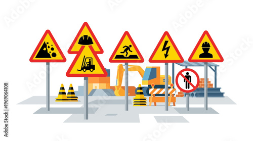 Construction Site Safety Warning Signs and Symbols Set; Industrial Hazards Illustration with Excavator, Traffic Cones, and Occupational Health Icons on White Background