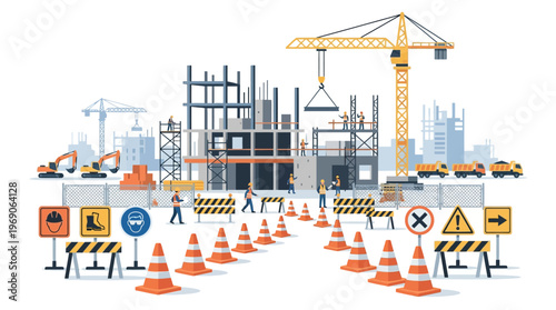 Urban Construction Site Vector Illustration with Tower Crane, Workers, and Heavy Machinery