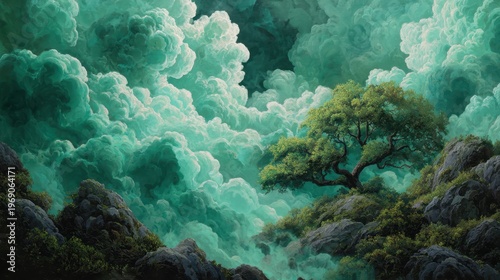Misty Emerald Clouds Swirl Around a Solitary Green Tree on a Rocky Outcrop Under Soft Ambient Light Creating a Dreamlike Fantasy Landscape