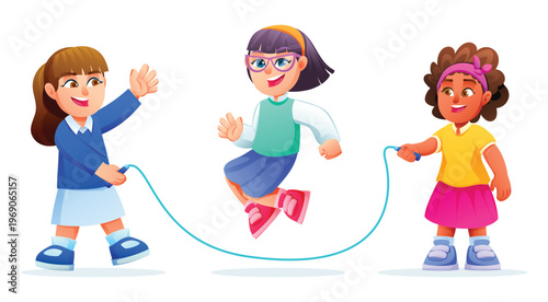 Group of cheerful girls playing jump rope together. Vector cartoon illustration