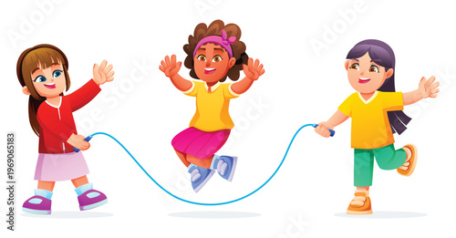 Group of happy girls playing with jump rope together. Vector cartoon illustration