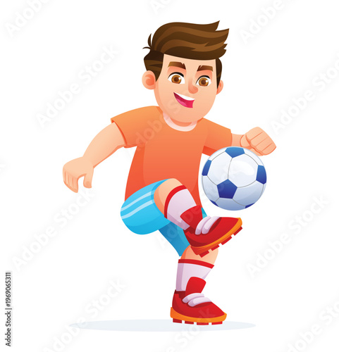 Young boy juggling a soccer ball with his knee on white background. Vector cartoon character illustration