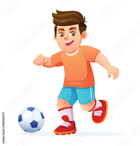 Young boy smiling and running while dribbling a soccer ball on a white background. Vector cartoon character illustration