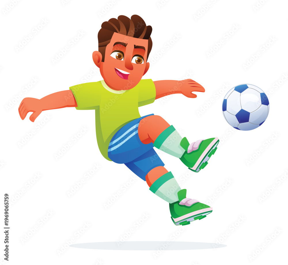 Obraz premium Boy athlete in mid-air kicking soccer ball during sports practice session. Vector cartoon character illustration