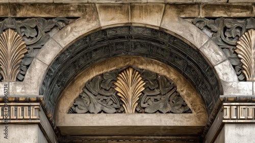 Ornate Architectural Archway with Intricate Golden Foliage Motifs and Textured Stone Facade Under Dramatic Lighting