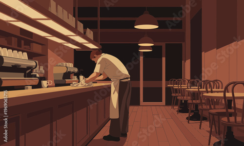 Barista cleaning the counter in a modern cafe illustration