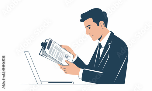 Businessman Reviewing Document with Laptop Flat Illustration