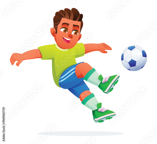 Boy athlete in mid-air kicking soccer ball during sports practice session. Vector cartoon character illustration